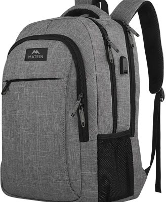 MATEIN Travel Laptop Backpack, Business Anti Theft Slim Sturdy Laptops Backpack with USB Charging Port, Water Resistant College School Computer Bag Gift for Men & Women Fits 15.6 Inch Notebook, Grey